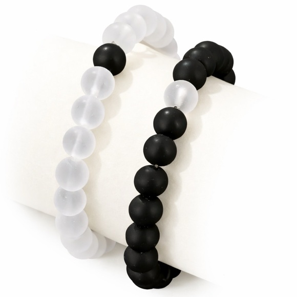 Black White Beaded Bracelets | Matching Couple Set |Stretch Yin Yang Trendy - Picture 1 of 5